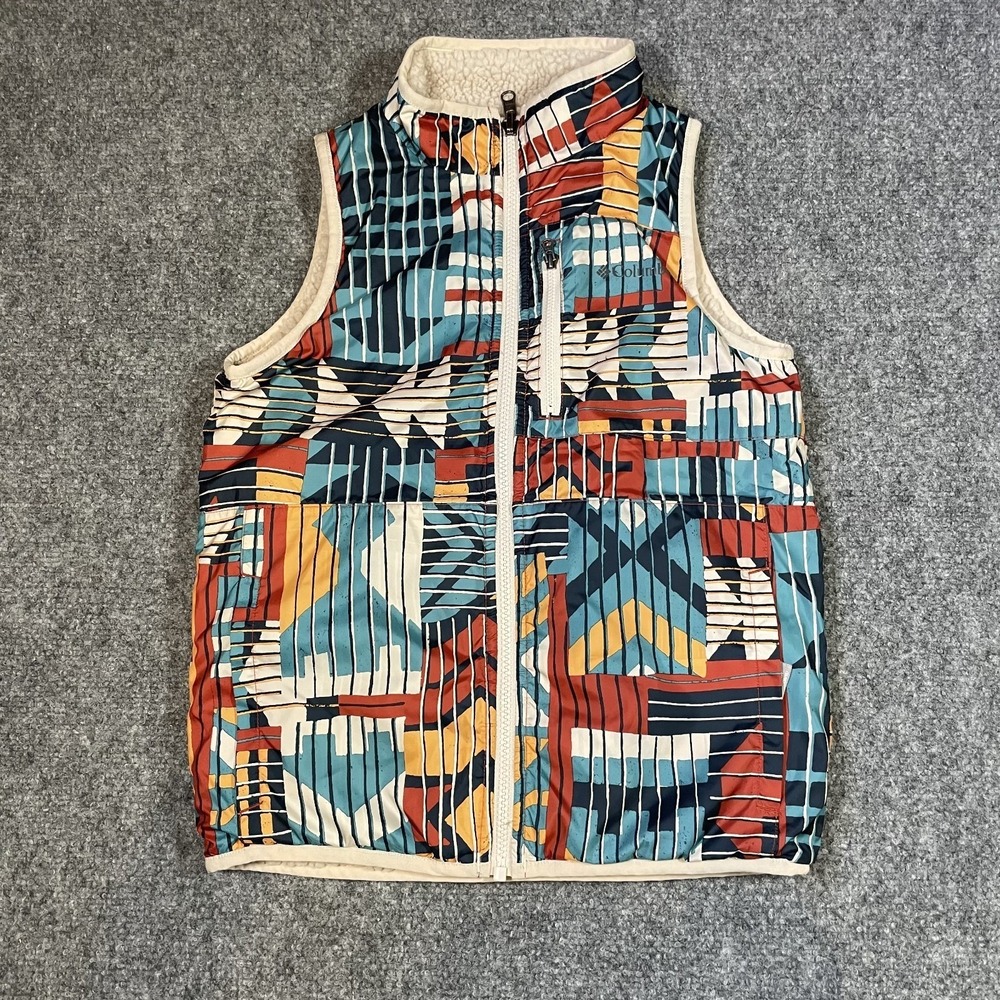 Columbia Fleece Vest Reversible Kids Med‎ Women's XS Aztec Print Neutral 2 for 1